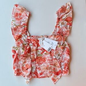 H&M Floral Ruffle Sleeve Blouse - Coral and White